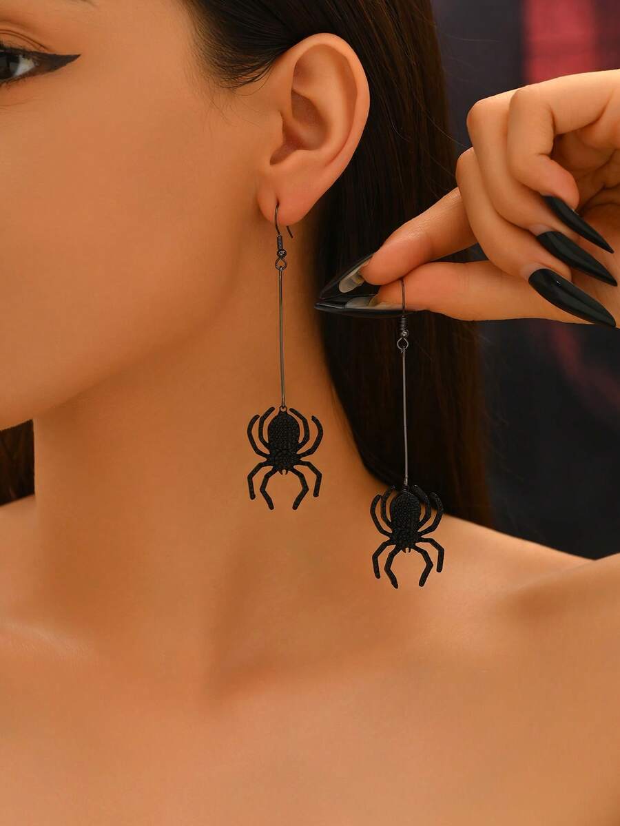 1 对黑蜘蛛万圣节耳环，时尚夸张暗黑哥特风格长吊坠耳环，适合节日派对 - 黑色 - 查看 1