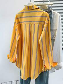 Women's Striped Color Block Button Asymmetric Hem Long Sleeve Shirt Blouse - Day To Night Versatile Top,Fall Clothes For Women - Yellow - View 9