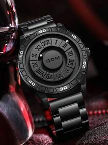 1pc Men Magnetic Waterproof Watch, No Glass Dial, Personalized, Fashionable Roman Steel Belt Wrist Watch - Black - View 4