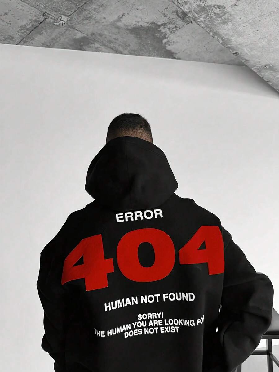 هودي كاجوال للرجال مطبوع عليه شعار 404 مبطن حراريًا، للخريف والشتاء، بأكمام طويلة