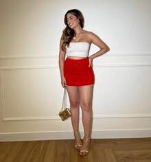 Women's Short Skirt With Lined Belt, Side Slit, High Waist, Short Crepe Knit - Đỏ - Xem 4