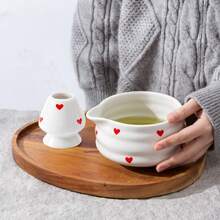 2 件套日式抹茶套装，粉色心形陶瓷抹茶碗（带壶嘴）和抹茶搅拌器架套装，日式抹茶茶具，拿铁和抹茶茶道，抹茶爱好者返校节和生日礼物 - 彩色 - 查看 10
