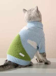 UFBemo 1pc Pet Cat Dog Fresh Mountain & Cloud Knit Sweater, Blue And White, Warm For Autumn/Winter