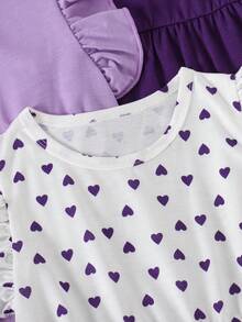 Bộ 3 món thời trang mùa hè cho bé gái, gồm váy tay bồng in hình trái tim và váy phối màu trơn, thích hợp cho ngày Valentine. - Màu tím - Xem 4