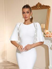 Sexy Women'S Round Neck Half Sleeve Handmade Nail Bead Slim Fit Long Bandage Dress Elegant Women'S Formal Dinner, Wedding, Holiday Party Dress