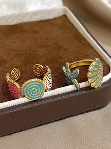 18K镀金不锈钢海洋主题可调节戒指套装，海星和贝壳设计，适合女性佩戴，可作为母亲节礼物、教师节礼物、夏季海滩配饰、派对/正式场合/日常佩戴、返校礼物、生日礼物、伴娘礼物、美人鱼主题 - 彩色 - 查看 5