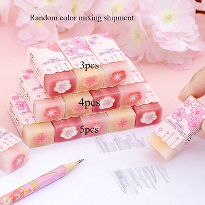 3pcs/4pcs/5pcs Set Cute Cherry Blossom Erasers For Women, Suitable For Study Stationery And Small Gifts School Supplies, Back To School