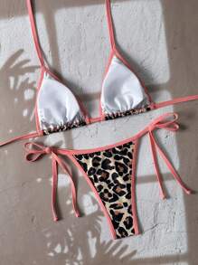 Women's Backless Leopard Print Patchwork Bikini Set (Top And Bottom), Casual Summer - Coral Pink - View 3