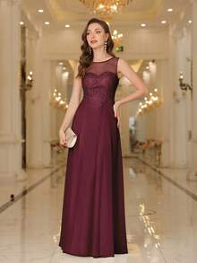 Babyonlinedress Guipure Lace Insert Pearls Beaded Chiffon A-Line Prom Bridesmaid Dresses,Formal Wedding Guest Gown, For Graduation, Homecoming,Dinner - 酒紅色 - 查看 4