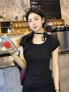 女式休闲系带领简约波尔卡圆点印花修身T恤