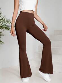 Girls' Solid Color Knitted High Waist Elastic Flared Pants, Casual Sports Yoga, Suitable For Daily Wear, Back To School (YY355)