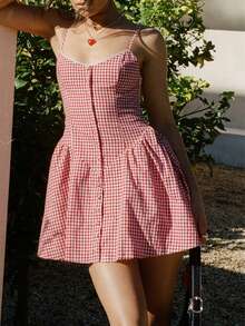 Women Spaghetti Strap Cami Dress Plaid Print Sweetheart Neck Sleeveless Button-Down A-Line Short Dresses - 紅色 - 查看 1