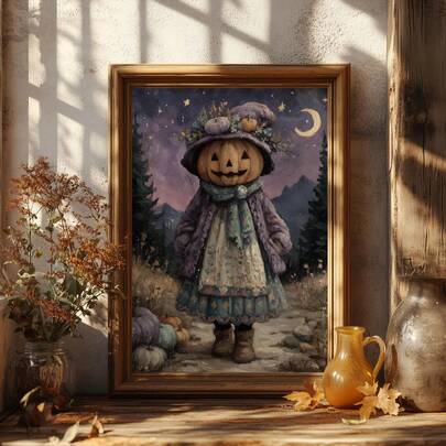 1 件南瓜女孩墙壁艺术、复古万圣节版画、万圣节浴室装饰墙壁艺术、情人节礼物、帆布海报、帆布墙壁装饰，用于家庭、客厅、卧室、厨房、浴室，适合赠送给亲戚和朋友的生日和毕业礼物。