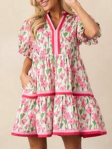 Women Y2K Babydoll Mini Dresses V Neck Puff Sleeve Short Dress Beach Sundress - Hồng - Xem 2