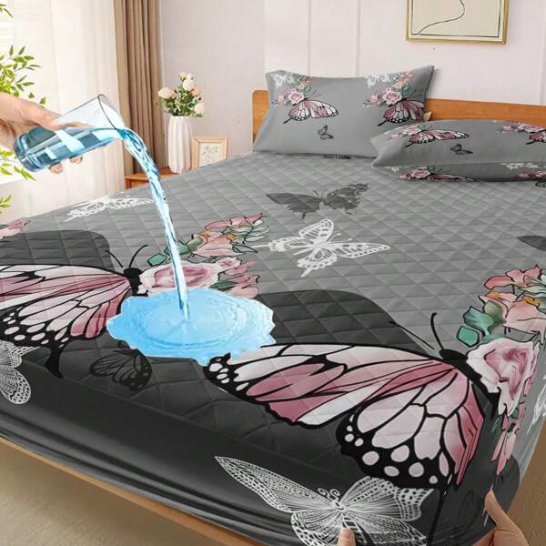 1 pieza Protector de colchón acolchado suave y transpirable con capa impermeable - Patrón de mariposa rosa, ropa de cama, funda de cojín, diseño minimalista moderno, lavable a máquina, suave e ideal para dormitorio, decoración de habitación, regalo ideal tanto para familia como para amigos, protección de ropa Funda de sofá moderna + Funda blanda de almohada (no incluye funda)