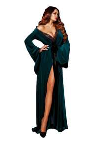 Women's Velvet Kimono Robe Long Nightgown With Sleeves Lace Bathrobe Sleepwear For Bridal  Plain    Button Front  Bow    Casual-Young    Long Sleeve    Long - 墨綠色 - 查看 2