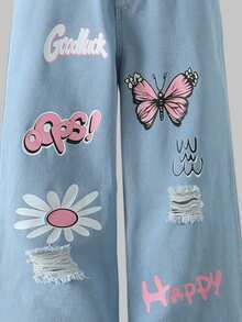 2Pcs Pre-Tween GirlsCasual Outfit Set: Butterfly Print Asymmetrical Hem Short Top And Letter Print Loose Fit Distressed Jeans, Autumn