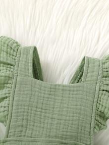 两件套休闲优雅甜美可爱女宝宝连体衣连衣裙，柔软舒适，荷叶边纯色连体衣和发带套装 - 綠色 - 查看 6