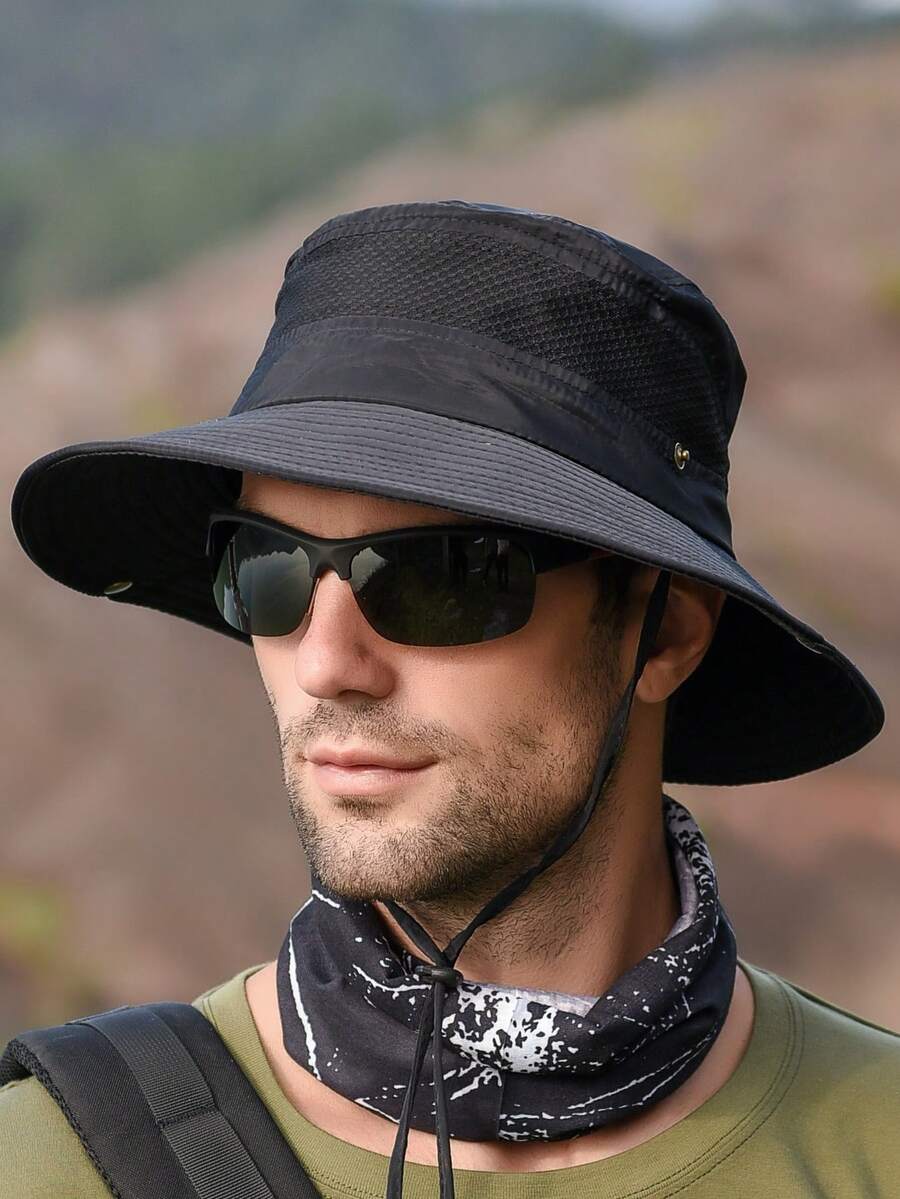 1pc Men's Summer Breathable Sun Block Cap, Outdoor Fishing Wide Brim Bucket Hat, Hiking UV Protection