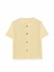 女士夏季纽扣耳饰米色针织上衣，优雅休闲短袖针织衫，适合约会和日常穿着 - 杏色 - 查看 6