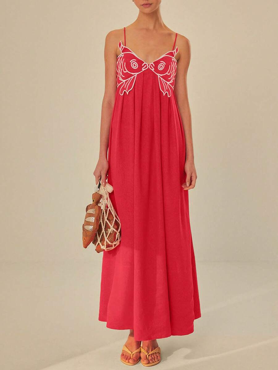 Womens Koi Fish Long Strap Dress Summer High Waist Flowy Cami Dress Spaghetti Strap V Neck Smocked Long Dress Vacation Beach Maxi Dress - 紅色 - 查看 1