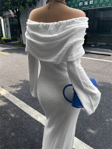 性感街頭風純色半透露肩長袖長版毛衣洋裝 白色女款夜店風 - 米色 - 查看 4
