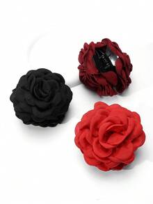 3件套女士纯色布艺大号多层玫瑰花发夹，优雅大号发爪，适合打造优雅、甜美、时尚的校园、派对、婚礼、日常佩戴的发饰，精致的发夹，适合上学、大学秋季、冬季、度假、夏季海滩度假等各种场合，是必备单品。 - 黑色+紅色+酒紅色 - 查看 4