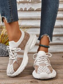 Zapatillas de moda para mujer, zapatos casuales de tela de punto transpirable, zapatos para correr de tela transpirable, zapatos de suela baja para todas las estaciones, zapatos de cordones de unicolor para exteriores, suela suave y cómoda, adecuados para todas las estaciones