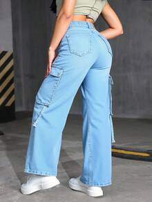 Pantalón Cargo Mezclilla Para Mujer Corte Wide Leg - Lavado ligero - Ver 2