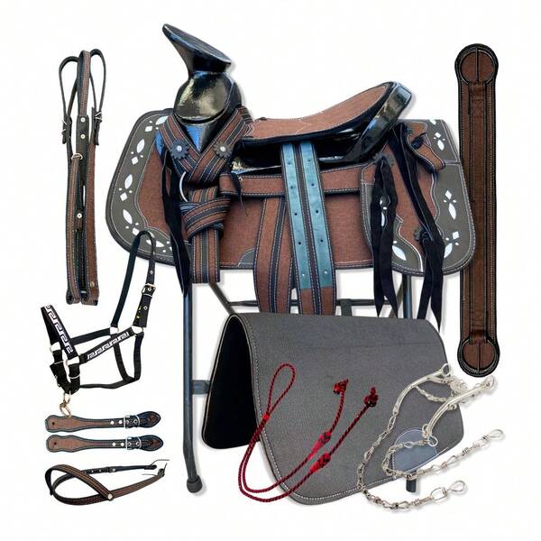 Montura Silla Charra de Lona Fuste 15" Equipada con Almartigon, Freno, Cabezada, Rienda, Carona, Pecho Pretal, Correllones y Cincho - Ligera y Resistente a la Humedad - Fuste Recomendado para Lazo