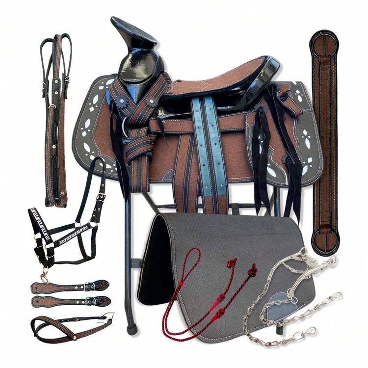 Montura Silla Charra de Lona Fuste 15" Equipada con Almartigon, Freno, Cabezada, Rienda, Carona, Pecho Pretal, Correllones y Cincho - Ligera y Resistente a la Humedad - Fuste Recomendado para Lazo - Chocolate-Fuste Negro - Añade 1