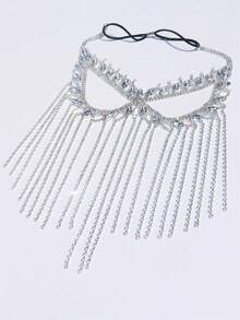 1pc Multi-Layer Rhinestone Decorated Tassel Mask, Luxury Party Accessory For Women,Halloween - Silver - View 4