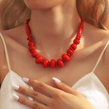 PHCOO 2pcs Bohemian Style Red Coral Asymmetrical Geometric Beaded Necklace Set, Multi-Layer Resin Coral Necklace, Handmade Coral Beaded Choker Necklace For Women, Summer - Multicolor - View 6