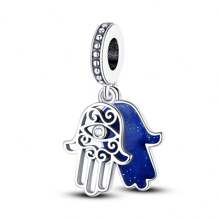 1 Stück Silberfarbener, exquisiter blauer Emaille-Zirkonia, glücklicher Fatima Hamsa Hand, Palme, böser Blick, religiöser Schutzanhänger, passend für original Armband, Halskette, Anhänger, Perlen für DIY Schmuckherstellung, Frauen, Mädchen, Geburtstagsschmuck, Geschenk für Freunde