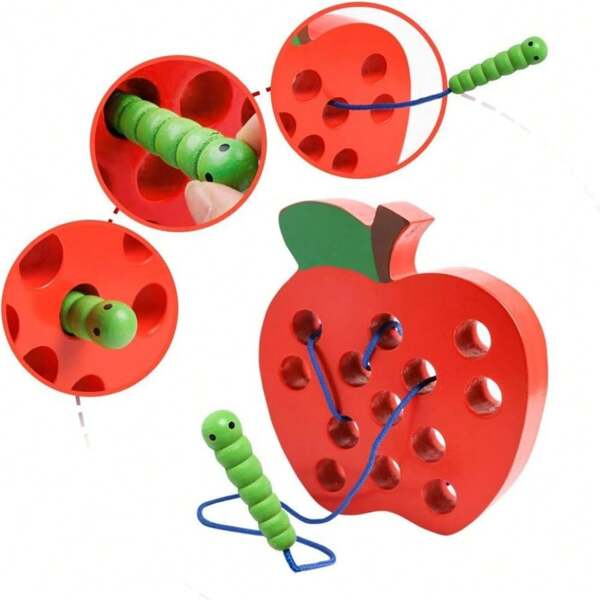 1pc Wooden Lacing Toy, Educational Threading Activity Puzzles, Learning Fine Motor Skill Travel Toy, Wooden Fruit Threading Set For Halloween, Thanksgiving, Christmas And Birthday Gifts