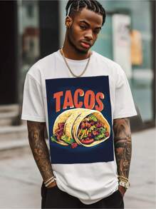 Front Tacos Delight Pattern Print Round Neck Short Sleeve T-Shirt Top Comfort Breathable Fabric Leisure Sports Style Men's 100% Cotton Street Wear T-Shirt (Choose A Larger Size To Get A Looser Effect) - 白色 - 查看 1
