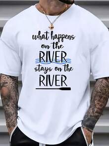 [Machine Washable Round Neck Shirt] Stylish Plus Size Men's T-Shirt With Unique Letter Print - Casual, Breathable Polyester, Round Neck, Machine Washable - Perfect For All Seasons, PLUS SIZE - Black - View 1