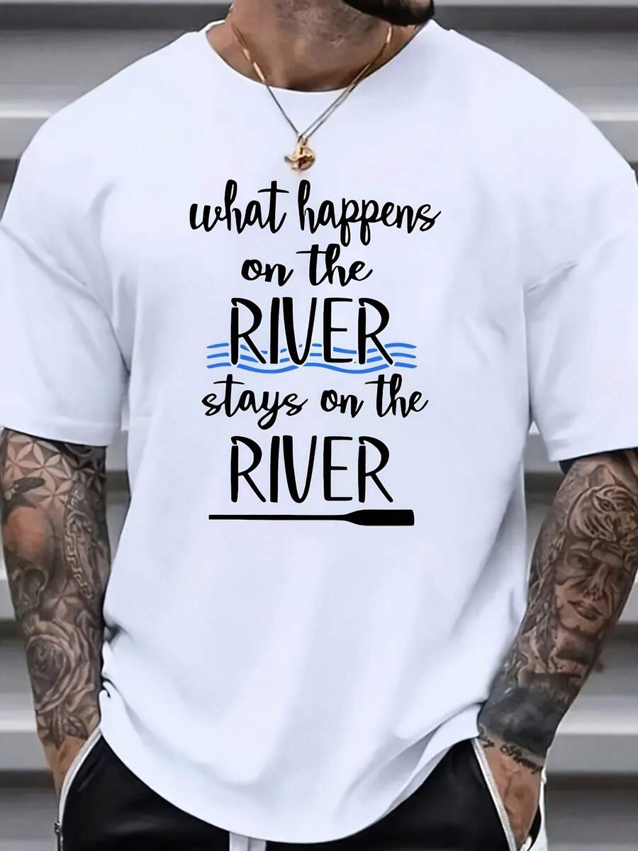 [Machine Washable Round Neck Shirt] Stylish Plus Size Men's T-Shirt With Unique Letter Print - Casual, Breathable Polyester, Round Neck, Machine Washable - Perfect For All Seasons, PLUS SIZE - Black - View 1