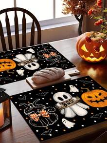1 件/2 件/4 件/600 件 11.8 英寸 X 17.3 英寸万圣节鬼魂黑猫南瓜图案涤纶餐垫 - 黑色背景搭配“BOO！”鬼魂、蝙蝠、南瓜灯笼和黑猫，带蝴蝶结圆点装饰，适合万圣节派对、家庭餐桌 - 彩色 - 查看 3