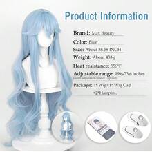 MCurly Ice Blue Wig For Cosplay + Hairpin Anime Long Light Blue Women Cosplay Costume Wigs Accories For Halloween Party + Wig Cap8001 - 藍捲曲 - 查看 2
