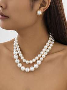 1 Set Fashionable & Elegant Personalized Pearl Necklace & Clip-On Earrings Jewelry Set, Suitable For Daily Wear, Travel, Holidays, Gift - White - View 4