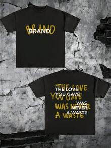 Men's "BRAND" Graphic 100% Cotton T-Shirt - Gold Text Front & "Love Never Waste" Back Print - Lightweight 180g Short Sleeve Tee - Inspirational Streetwear