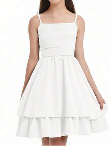 EXARUS Girls Flowy Ruffled Hem/Puff Bubble Dress Teen Ruched Summer Adjustable Spaghetti Strap Casual Cami Mini Dresses - trắng - Xem 2