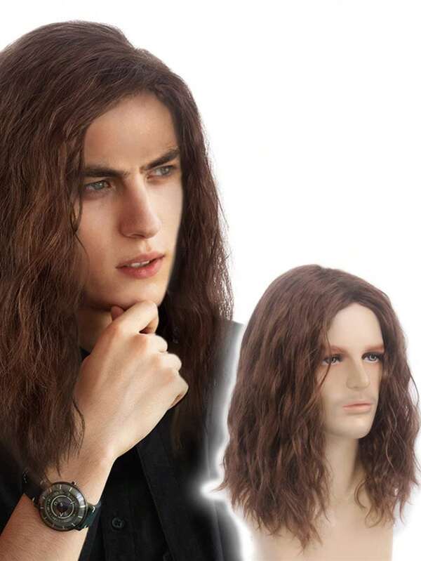Men's Shoulder Length Curly Wig, Fashionable Corn Wave Style, Synthetic Full Head Wig