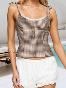 Women Plaid Camisole Slim Lace Trim Scoop Neck Tie-Up Spaghetti Strap Crop Shirts  Summer Streetwear