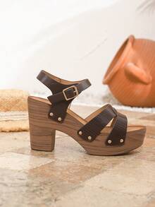 2025 新款女士高跟粗跟凉鞋，动物印花蜥蜴图案金属铆钉复古厚底拖鞋 - 咖啡棕 - 查看 4