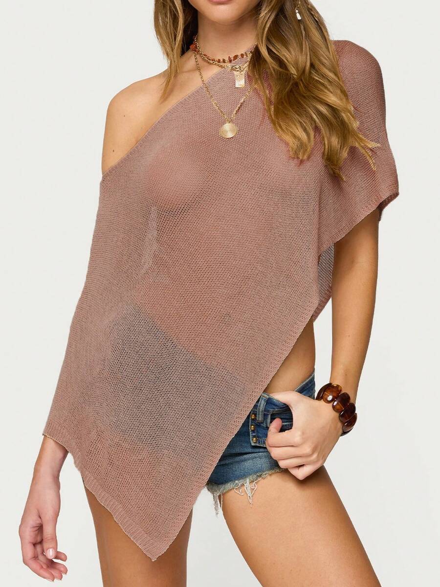 Women Sheer Knit Poncho Y2K Off Shoulder Asymmetric Shrug Sweater Pullover Top Lightweight See Through Cover Up Tops Pullover Sweaters Tops - màu nâu - Xem 1