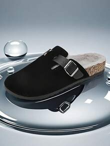 Plus Size Men's Comfortable Winter Slippers - Plush Lining, Thick Sole, Non-Slip Bottom, Fashionable Solid Color, Slip-On, Women's Flat Shoes Suitable For Indoor And Outdoor Wear, Versatile - Black - View 1