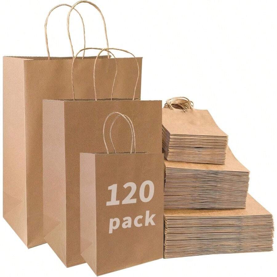 120 Pack Brown Paper Bags With Handles Mixed SizeRecyclable Kraft Paper Ideal For Gifts Shopping Boutique Packaging Merchandise Grocery And Craft.