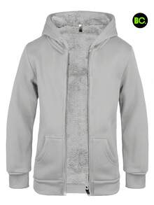 Sudadera térmica con gorro para niño en varios colores, chamarra afelpada interior borrega con cierre frontal y bolsillos tipo canguro, abrigo juvenil casual cálido para invierno, suéter con capucha de felpa para clima frío, ropa cómoda de exterior escolar o diaria - Gris - Ver 3